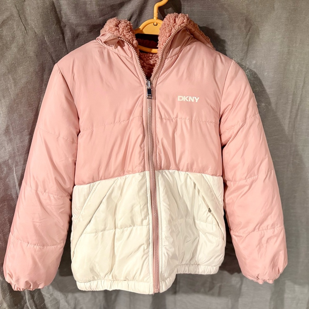 DKNY Kids Two-Tone Pink and Cream Puffer Jacket